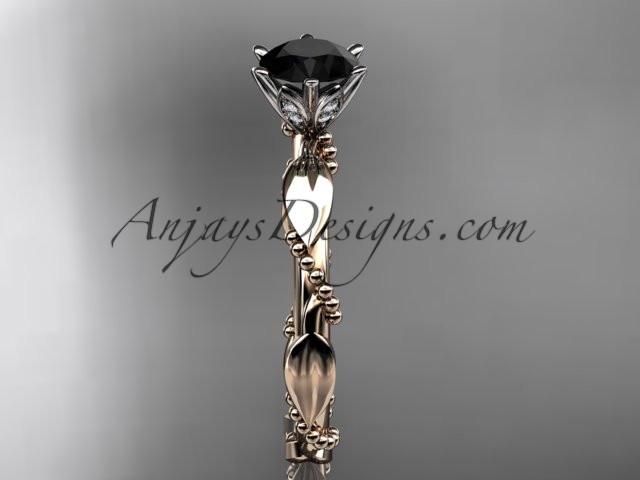 14k rose gold diamond vine and leaf wedding ring with a Black Diamond center stone ADLR178 - AnjaysDesigns