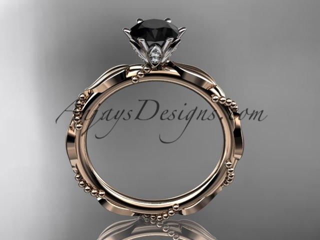 14k rose gold diamond vine and leaf wedding ring with a Black Diamond center stone ADLR178 - AnjaysDesigns