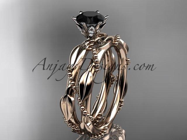14k rose gold diamond vine and leaf wedding ring, engagement set with a Black Diamond center stone ADLR178S - AnjaysDesigns