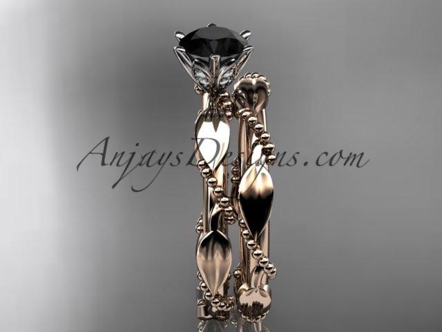 14k rose gold diamond vine and leaf wedding ring, engagement set with a Black Diamond center stone ADLR178S - AnjaysDesigns