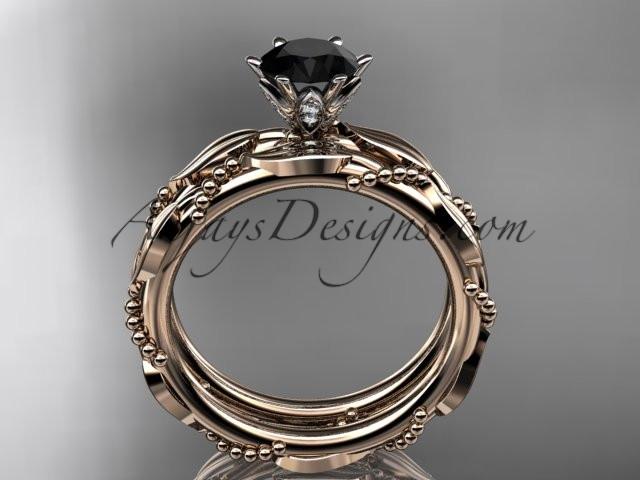 14k rose gold diamond vine and leaf wedding ring, engagement set with a Black Diamond center stone ADLR178S - AnjaysDesigns