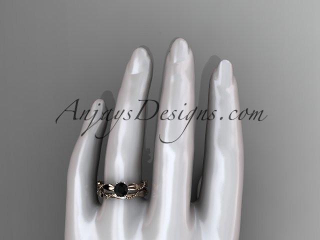 14k rose gold diamond vine and leaf wedding ring, engagement set with a Black Diamond center stone ADLR178S - AnjaysDesigns