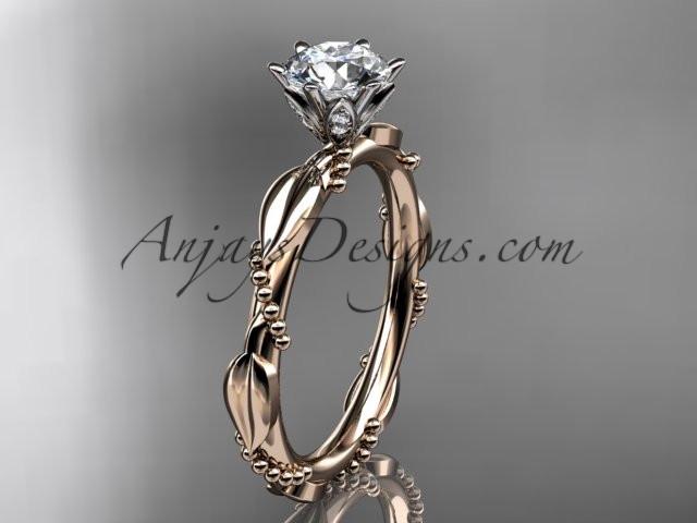 14k rose gold diamond vine and leaf wedding ring with a "Forever One" Moissanite center stone ADLR178 - AnjaysDesigns