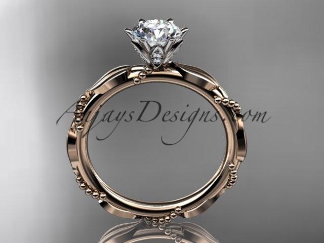 14k rose gold diamond vine and leaf wedding ring with a "Forever One" Moissanite center stone ADLR178 - AnjaysDesigns