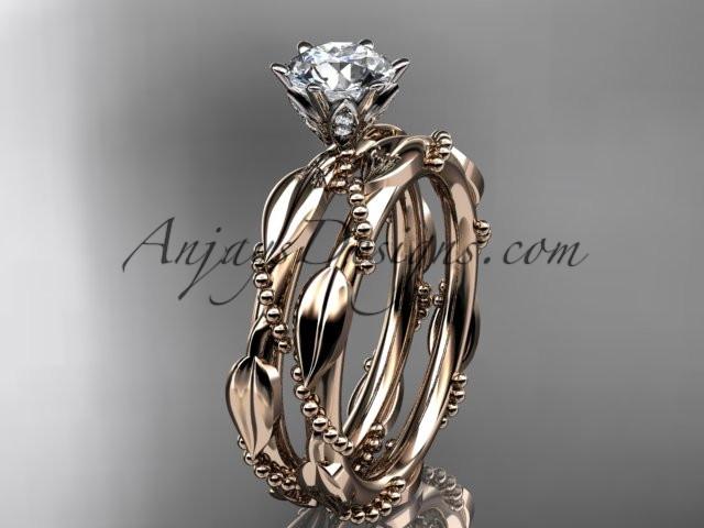 14k rose gold diamond vine and leaf wedding ring, engagement set with a "Forever One" Moissanite center stone ADLR178S - AnjaysDesigns