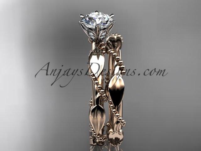 14k rose gold diamond vine and leaf wedding ring, engagement set with a "Forever One" Moissanite center stone ADLR178S - AnjaysDesigns