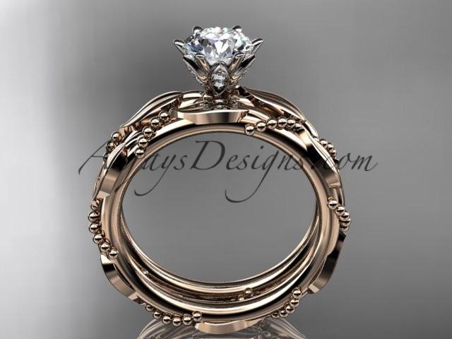 14k rose gold diamond vine and leaf wedding ring, engagement set with a "Forever One" Moissanite center stone ADLR178S - AnjaysDesigns