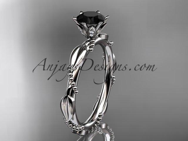 platinum diamond vine and leaf wedding ring with a Black Diamond center stone ADLR178 - AnjaysDesigns