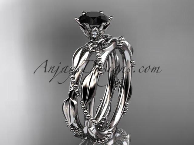 14k white gold diamond vine and leaf wedding ring, engagement set with a Black Diamond center stone ADLR178S - AnjaysDesigns