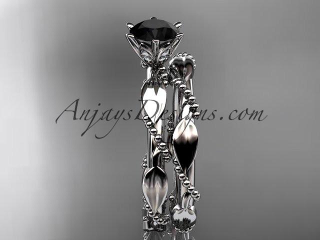 platinum diamond vine and leaf wedding ring, engagement set with a Black Diamond center stone ADLR178S - AnjaysDesigns