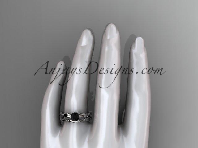 14k white gold diamond vine and leaf wedding ring, engagement set with a Black Diamond center stone ADLR178S - AnjaysDesigns