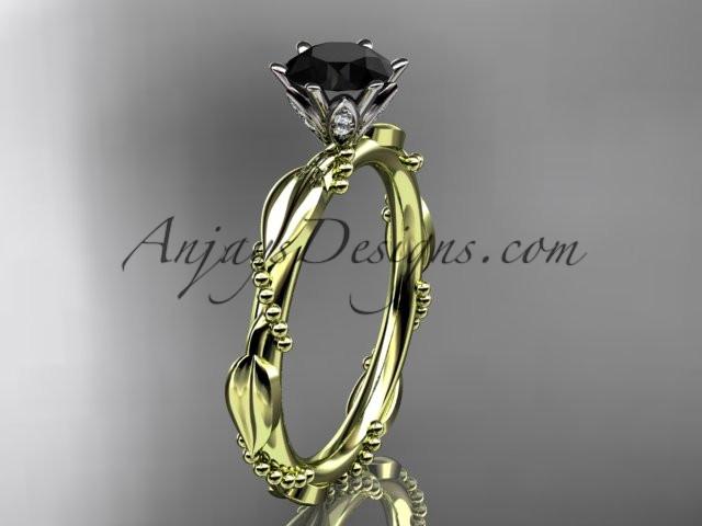 14k yellow gold diamond vine and leaf wedding ring with a Black Diamond center stone ADLR178 - AnjaysDesigns
