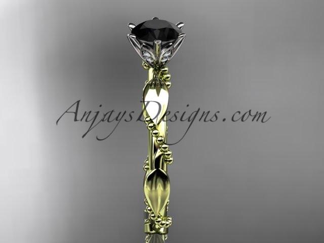 14k yellow gold diamond vine and leaf wedding ring with a Black Diamond center stone ADLR178 - AnjaysDesigns