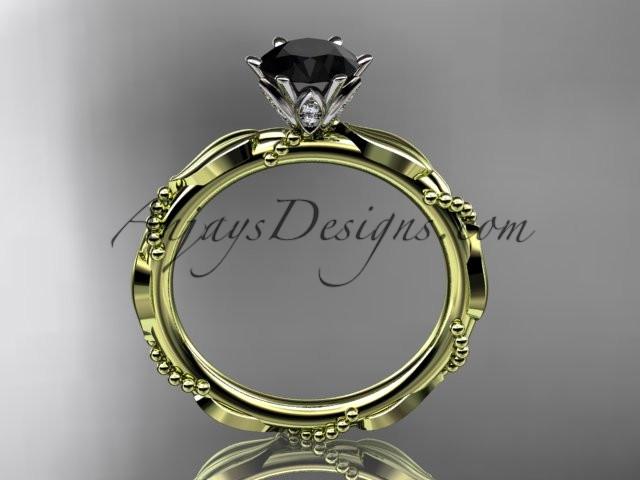 14k yellow gold diamond vine and leaf wedding ring with a Black Diamond center stone ADLR178 - AnjaysDesigns