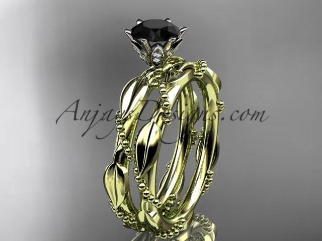 14k yellow gold diamond vine and leaf wedding ring, engagement set with a Black Diamond center stone ADLR178S - AnjaysDesigns