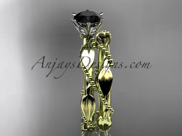 14k yellow gold diamond vine and leaf wedding ring, engagement set with a Black Diamond center stone ADLR178S - AnjaysDesigns