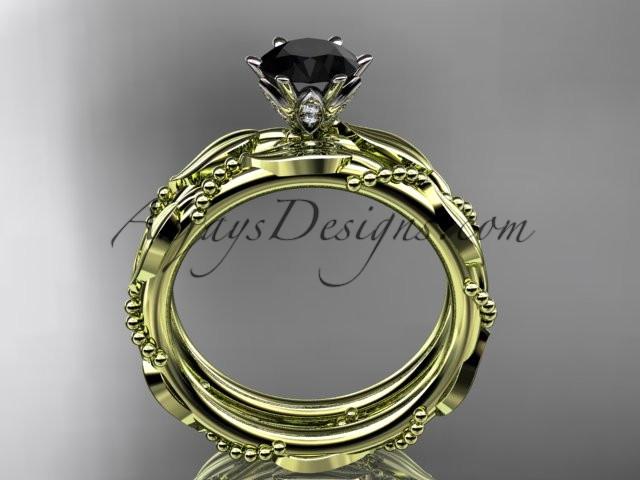 14k yellow gold diamond vine and leaf wedding ring, engagement set with a Black Diamond center stone ADLR178S - AnjaysDesigns