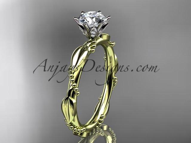 14k yellow gold diamond vine and leaf wedding ring with a "Forever One" Moissanite center stone ADLR178 - AnjaysDesigns