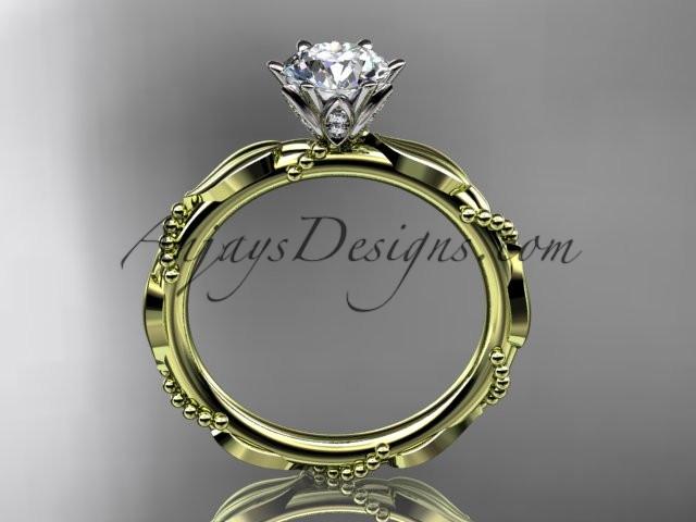 14k yellow gold diamond vine and leaf wedding ring with a "Forever One" Moissanite center stone ADLR178 - AnjaysDesigns