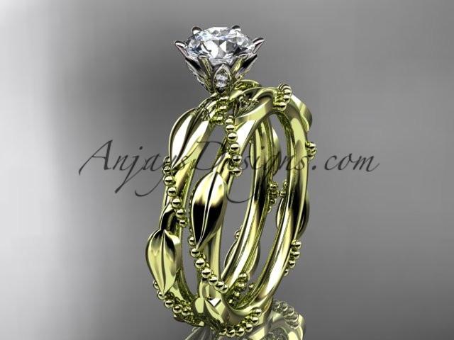 14k yellow gold diamond vine and leaf wedding ring, engagement set with a "Forever One" Moissanite center stone ADLR178S - AnjaysDesigns