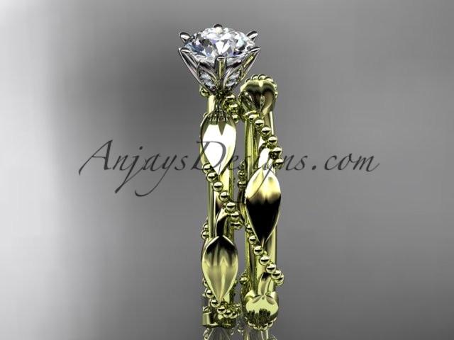 14k yellow gold diamond vine and leaf wedding ring, engagement set with a "Forever One" Moissanite center stone ADLR178S - AnjaysDesigns