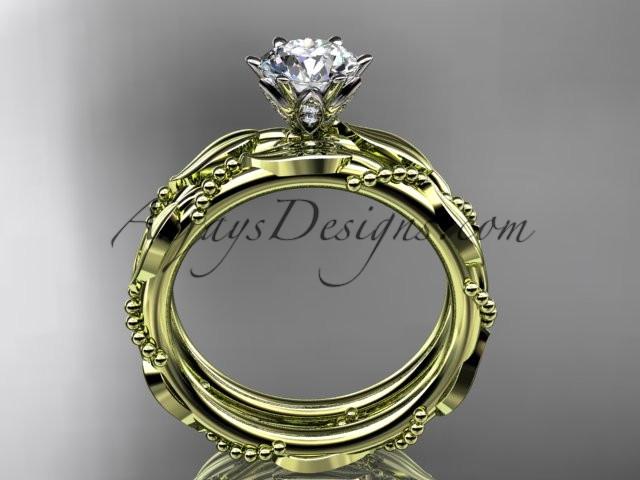 14k yellow gold diamond vine and leaf wedding ring, engagement set with a "Forever One" Moissanite center stone ADLR178S - AnjaysDesigns