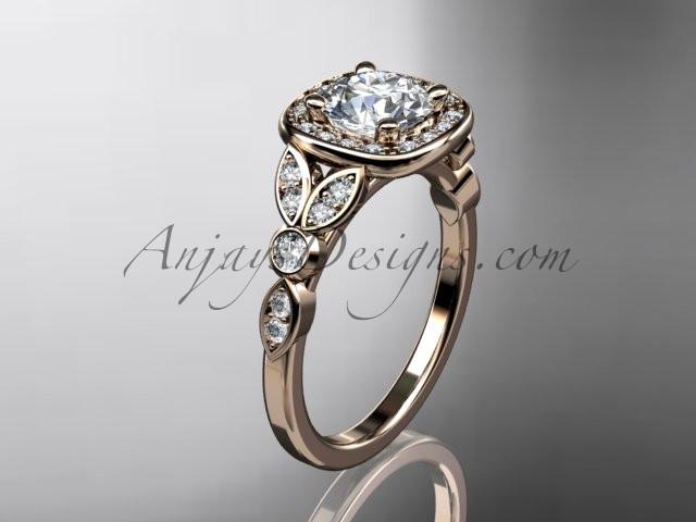 14kt rose gold diamond leaf and vine wedding ring, engagement ring with a "Forever One" Moissanite center stone ADLR179 - AnjaysDesigns