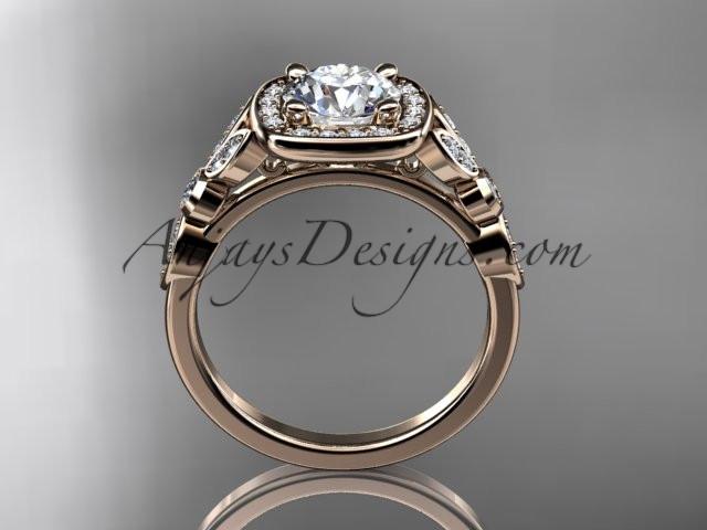 14kt rose gold diamond leaf and vine wedding ring, engagement ring with a "Forever One" Moissanite center stone ADLR179 - AnjaysDesigns