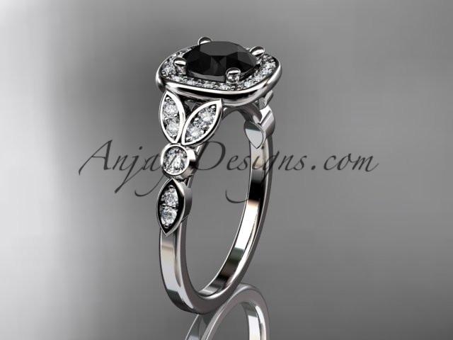platinum diamond leaf and vine wedding ring, engagement ring with a Black Diamond center stone ADLR179 - AnjaysDesigns