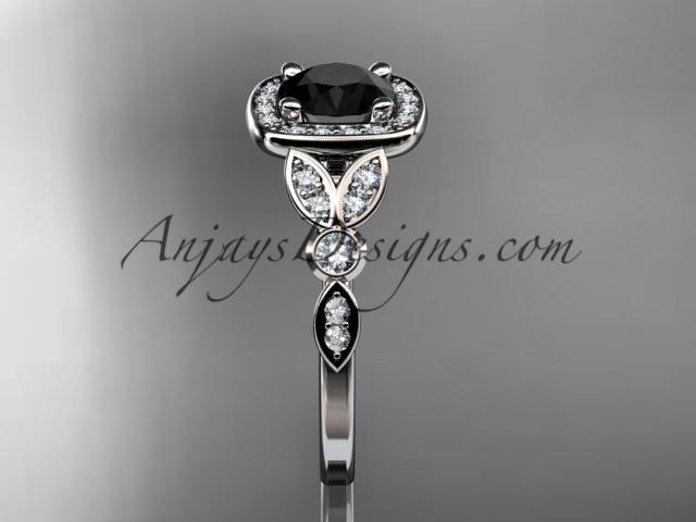 14kt white gold diamond leaf and vine wedding ring, engagement ring with a Black Diamond center stone ADLR179 - AnjaysDesigns