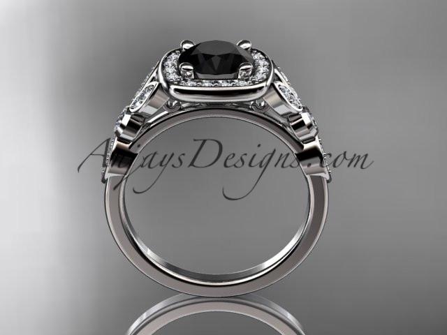 14kt white gold diamond leaf and vine wedding ring, engagement ring with a Black Diamond center stone ADLR179 - AnjaysDesigns