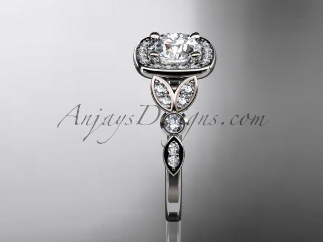 Platinum diamond leaf and vine wedding ring, engagement ring with a "Forever One" Moissanite center stone ADLR179 - AnjaysDesigns