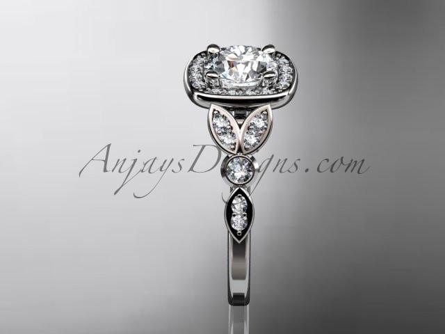 14kt white gold diamond leaf and vine wedding ring, engagement ring with a "Forever One" Moissanite center stone ADLR179 - AnjaysDesigns