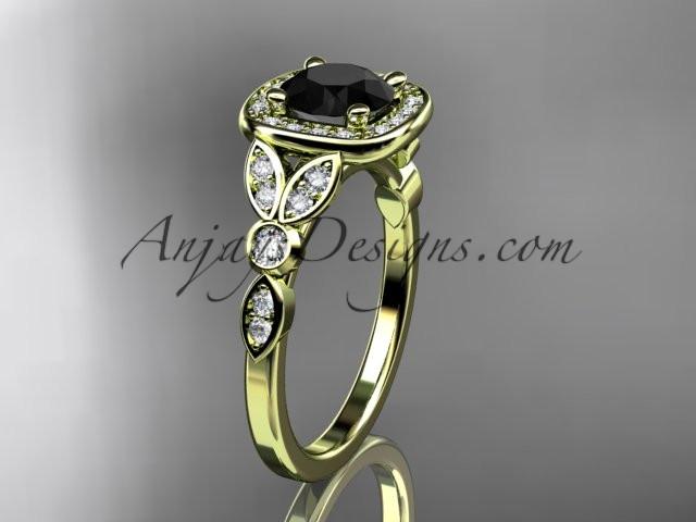 14kt yellow gold diamond leaf and vine wedding ring, engagement ring with a Black Diamond center stone ADLR179 - AnjaysDesigns