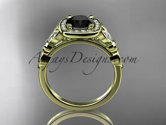 14kt yellow gold diamond leaf and vine wedding ring, engagement ring with a Black Diamond center stone ADLR179 - AnjaysDesigns