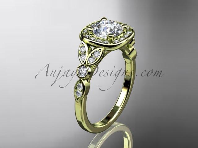 14kt yellow gold diamond leaf and vine wedding ring, engagement ring with a "Forever One" Moissanite center stone ADLR179 - AnjaysDesigns