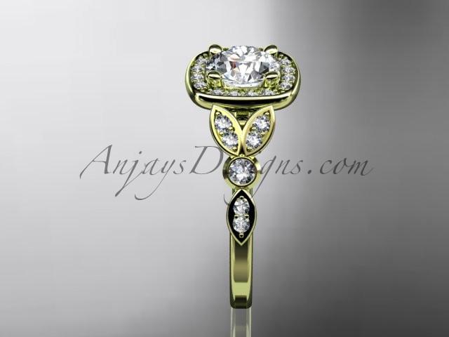 14kt yellow gold diamond leaf and vine wedding ring, engagement ring with a "Forever One" Moissanite center stone ADLR179 - AnjaysDesigns