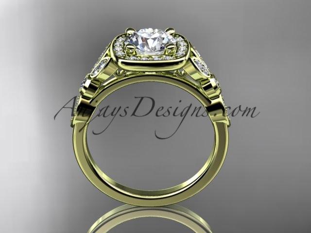 14kt yellow gold diamond leaf and vine wedding ring, engagement ring with a "Forever One" Moissanite center stone ADLR179 - AnjaysDesigns