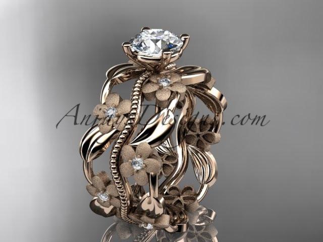 14kt rose gold diamond leaf and vine wedding ring, engagement ring with a "Forever One" Moissanite center stone ADLR188 - AnjaysDesigns