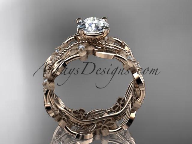 14kt rose gold diamond leaf and vine wedding ring, engagement ring with a "Forever One" Moissanite center stone ADLR188 - AnjaysDesigns