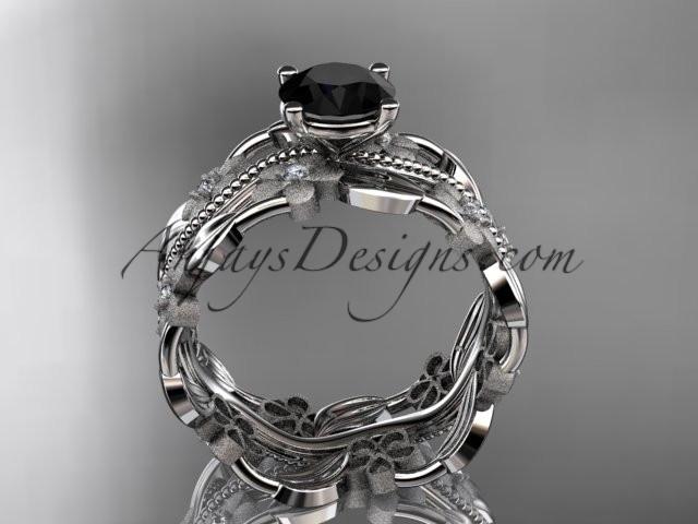 platinum diamond leaf and vine wedding ring, engagement ring with a Black Diamond center stone ADLR188 - AnjaysDesigns