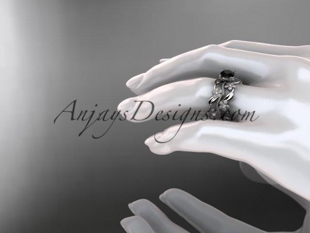 platinum diamond leaf and vine wedding ring, engagement ring with a Black Diamond center stone ADLR188 - AnjaysDesigns