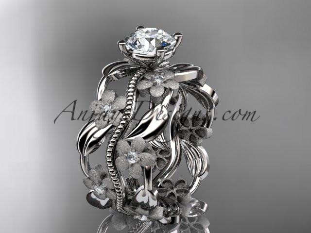 platinum diamond leaf and vine wedding ring, engagement ring with a "Forever One" Moissanite center stone ADLR188 - AnjaysDesigns