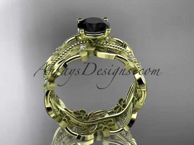 14kt yellow gold diamond leaf and vine wedding ring, engagement ring with a Black Diamond center stone ADLR188 - AnjaysDesigns