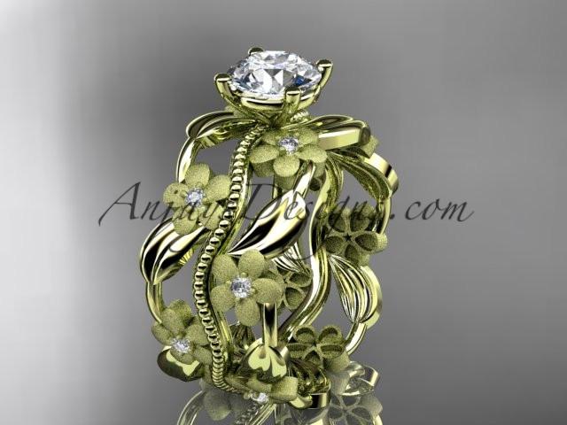 14kt yellow gold diamond leaf and vine wedding ring, engagement ring with a "Forever One" Moissanite center stone ADLR188 - AnjaysDesigns