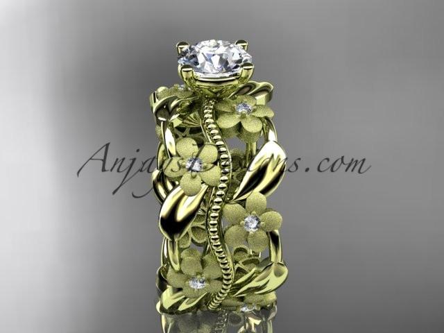 14kt yellow gold diamond leaf and vine wedding ring, engagement ring with a "Forever One" Moissanite center stone ADLR188 - AnjaysDesigns
