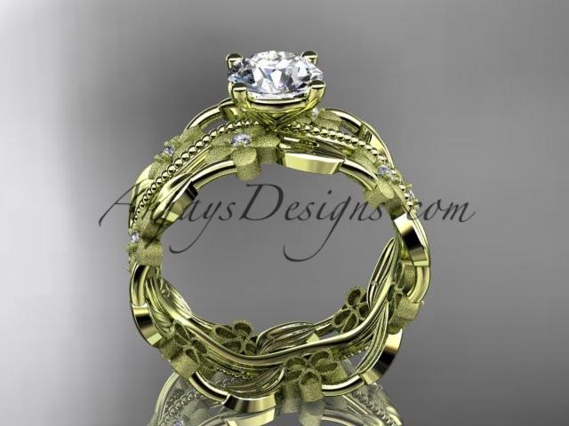 14kt yellow gold diamond leaf and vine wedding ring, engagement ring with a "Forever One" Moissanite center stone ADLR188 - AnjaysDesigns