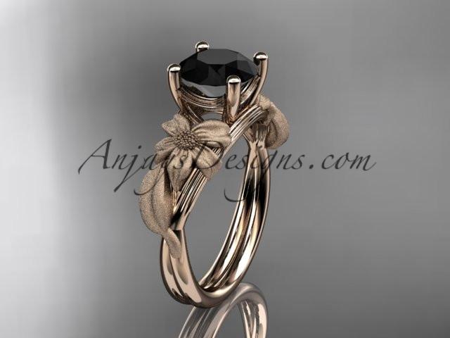 14kt rose gold leaf and vine engagement ring with a Black Diamond center stone ADLR189 - AnjaysDesigns