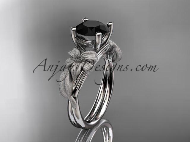 platinum leaf and vine engagement ring with a Black Diamond center stone ADLR189 - AnjaysDesigns