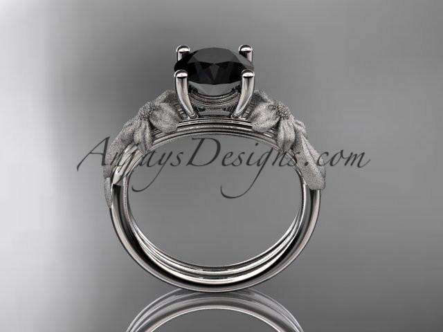 platinum leaf and vine engagement ring with a Black Diamond center stone ADLR189 - AnjaysDesigns